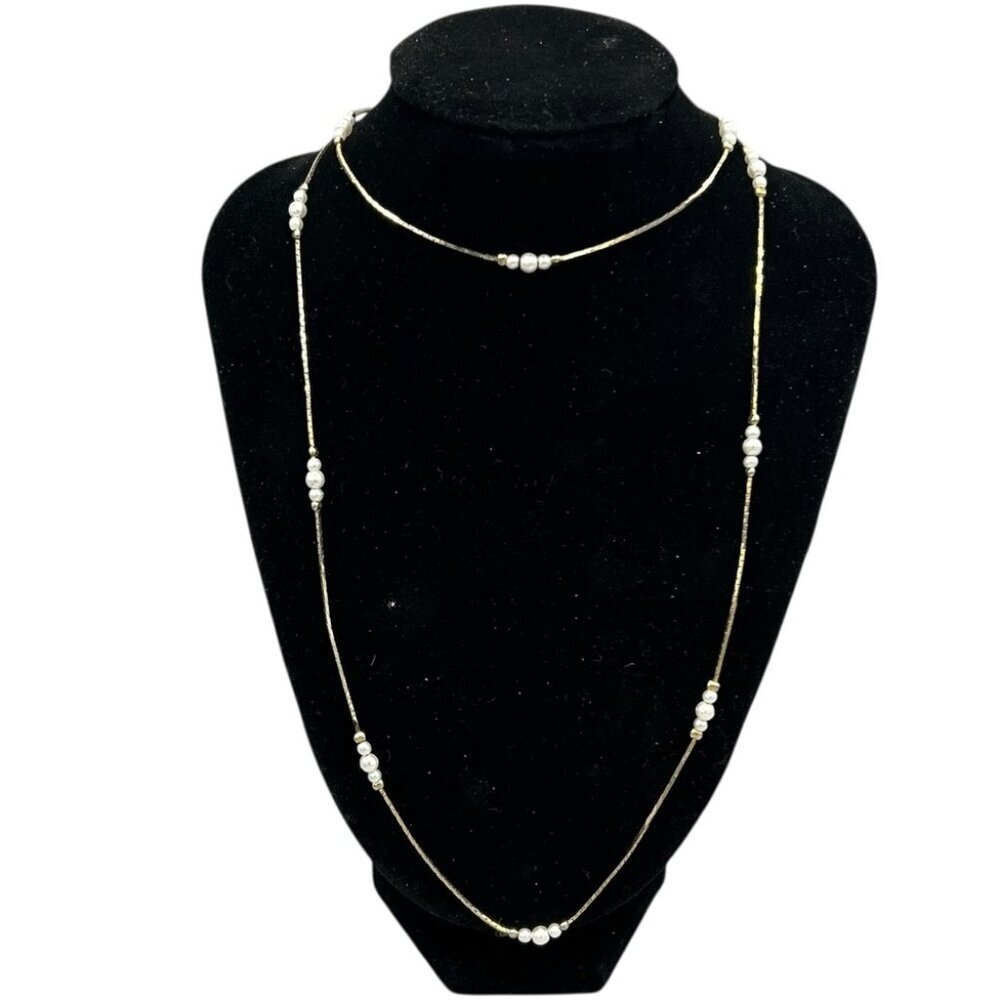Vintage Korea Faux Pearl Gold Tone Station Necklace 29”